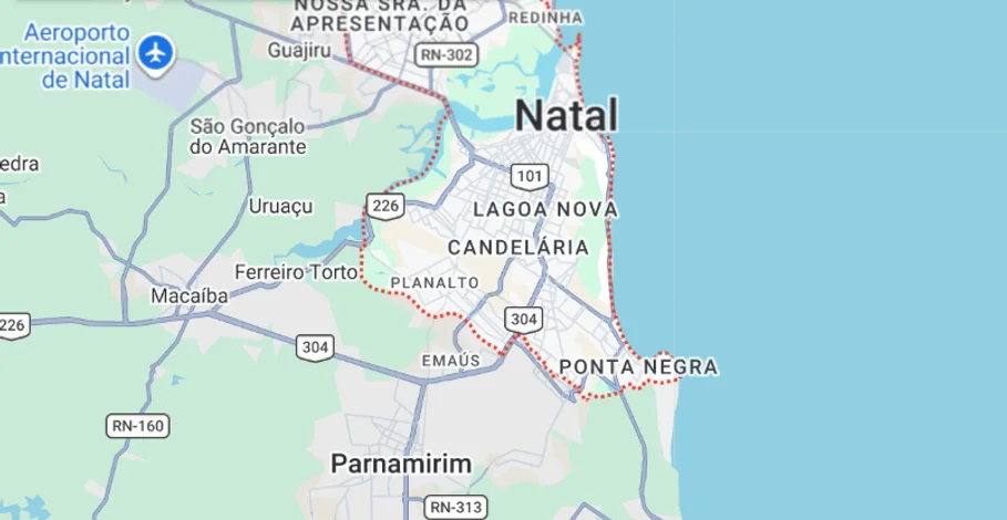 Mapa da região de Natal, RN, com bairros como Ponta Negra e Lagoa Nova e cidades vizinhas como Parnamirim