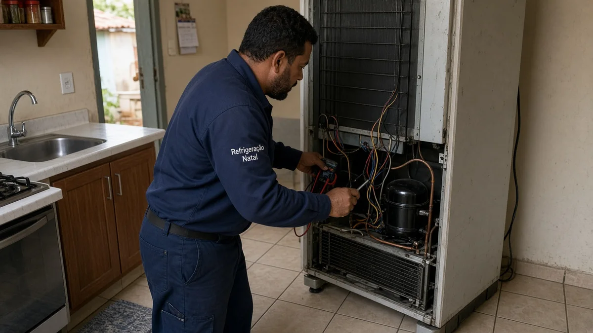 Técnico Refrigeração Natal: tecnico inspeciona parte traseira da geladeira com ferramentas, em cozinha residencial brasileira com luz natural realista.