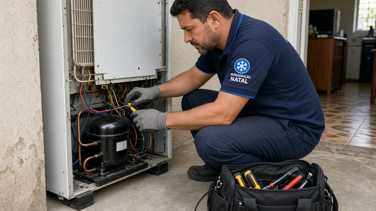 Tecnico testa compressor e cabos na parte traseira da geladeira, em residência brasileira, com técnico Refrigeração Natal e materiais e ferramentas ao lado.