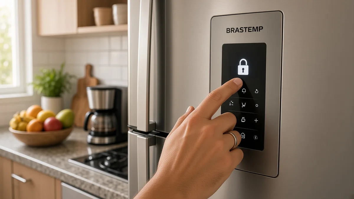 Pessoa pressiona o símbolo de cadeado no painel digital de uma geladeira Brastemp de inox em cozinha brasileira clara, organizada e de uso familiar.