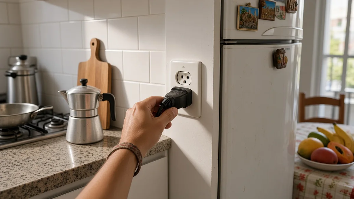 Pessoa desconecta o plugue de uma geladeira Brastemp em tomada firme de cozinha brasileira, preparando um reinício elétrico seguro do painel digital.