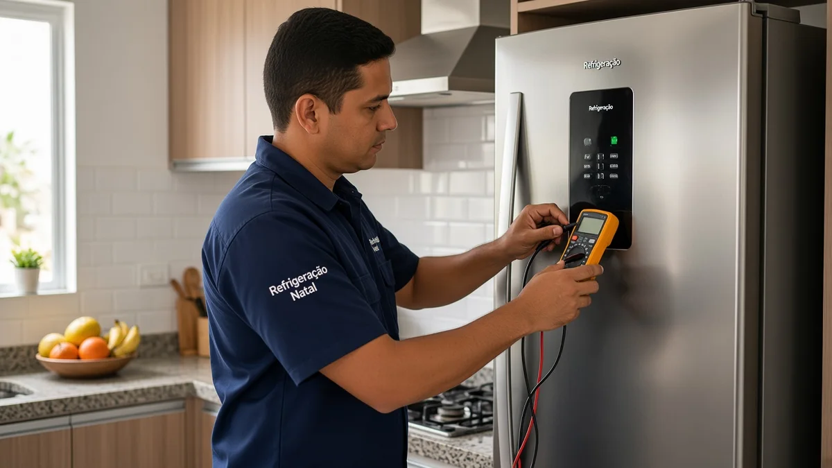 Técnico da Refrigeração Natal mede o circuito do painel de uma geladeira Brastemp com multímetro, em cozinha residencial brasileira bem iluminada.