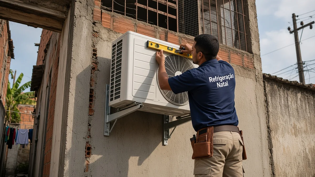 Técnico da Refrigeração Natal fixa condensadora nivelada em suporte metálico firme na fachada de uma residência urbana brasileira em Natal durante o serviço.