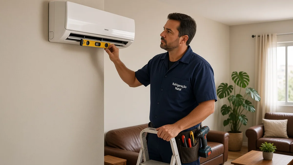 Técnico brasileiro da Refrigeração Natal instala evaporadora de ar-condicionado split em sala residencial, conferindo alinhamento com nível de bolha.