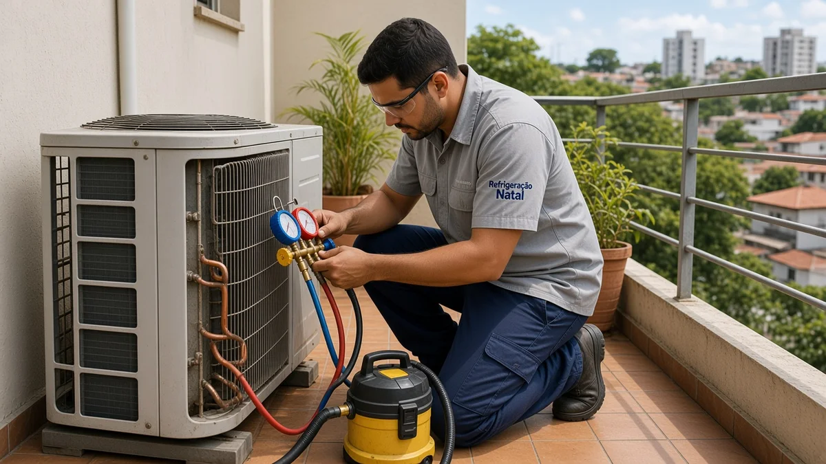 Técnico da Refrigeração Natal acompanha bomba de vácuo e manifold conectados à condensadora de um split em varanda técnica residencial de Natal.