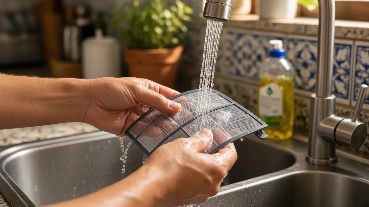Mãos lavam uma tela plástica de ar-condicionado com água corrente e sabão neutro em uma pia, sem dobrar a moldura nem usar produtos abrasivos.