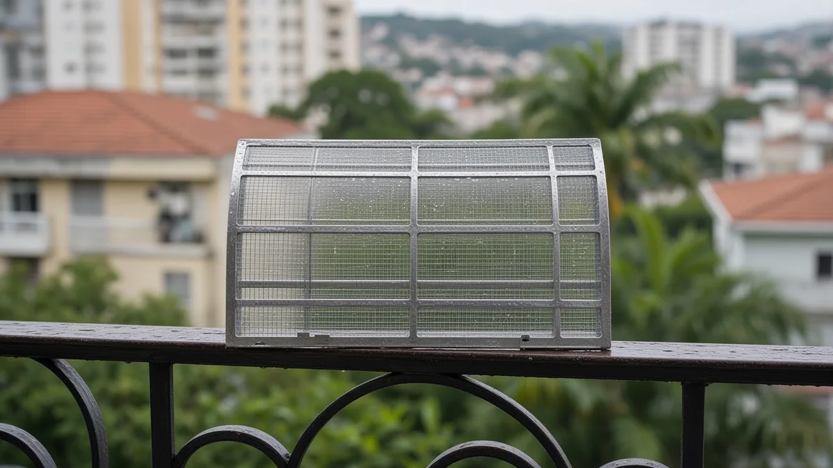 Tela limpa de ar-condicionado seca à sombra sobre uma bancada em varanda ventilada de apartamento brasileiro, protegida do sol e pronta para reinstalação.