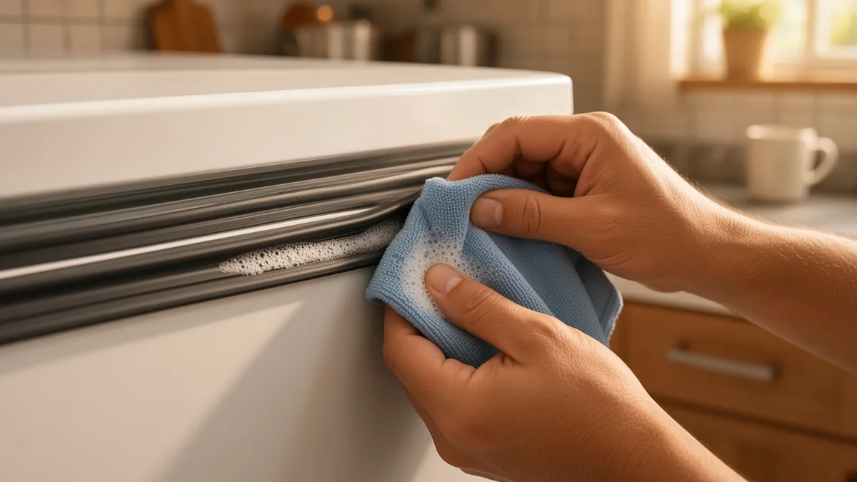 Mãos com luvas limpam as dobras da borracha de vedação com pano macio e sabão neutro, removendo resíduos acumulados na porta do freezer doméstico.
