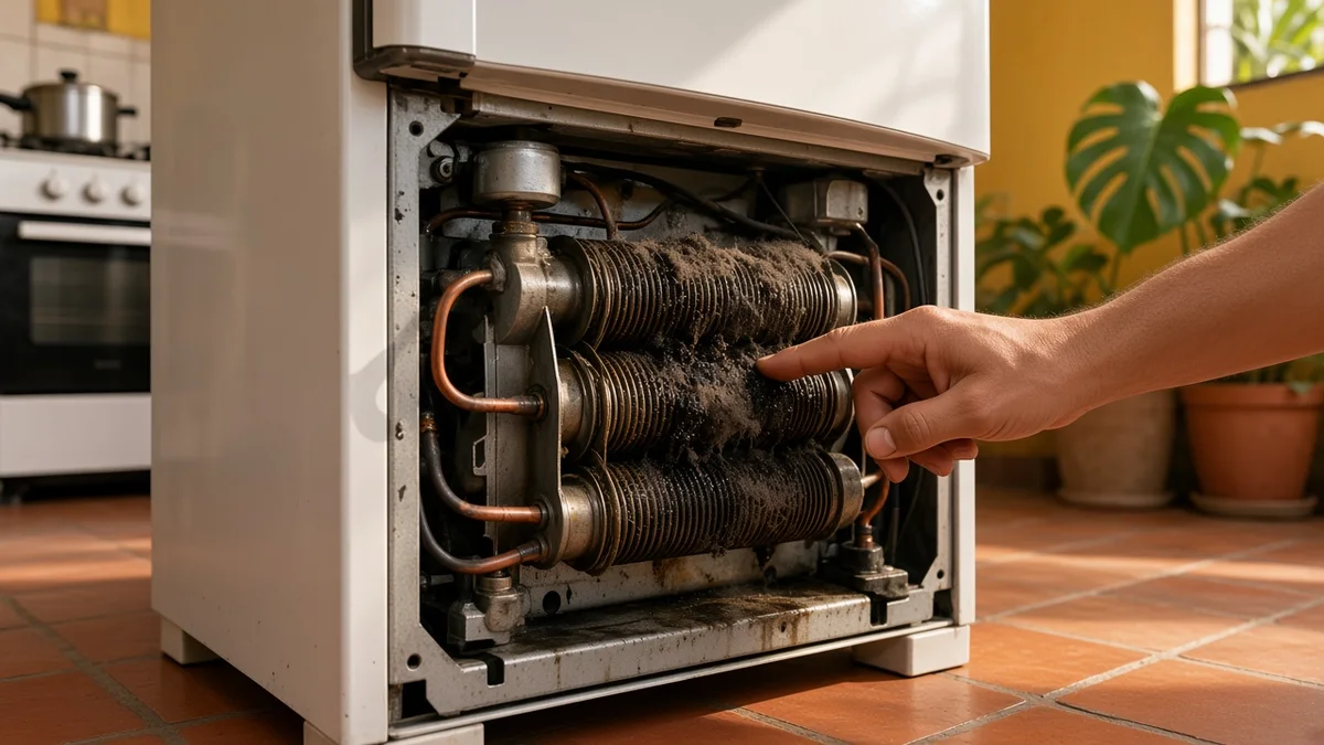 Técnico da Refrigeração Natal examina mancha de óleo e conexões próximas ao compressor de uma geladeira durante diagnóstico em residência de Natal.