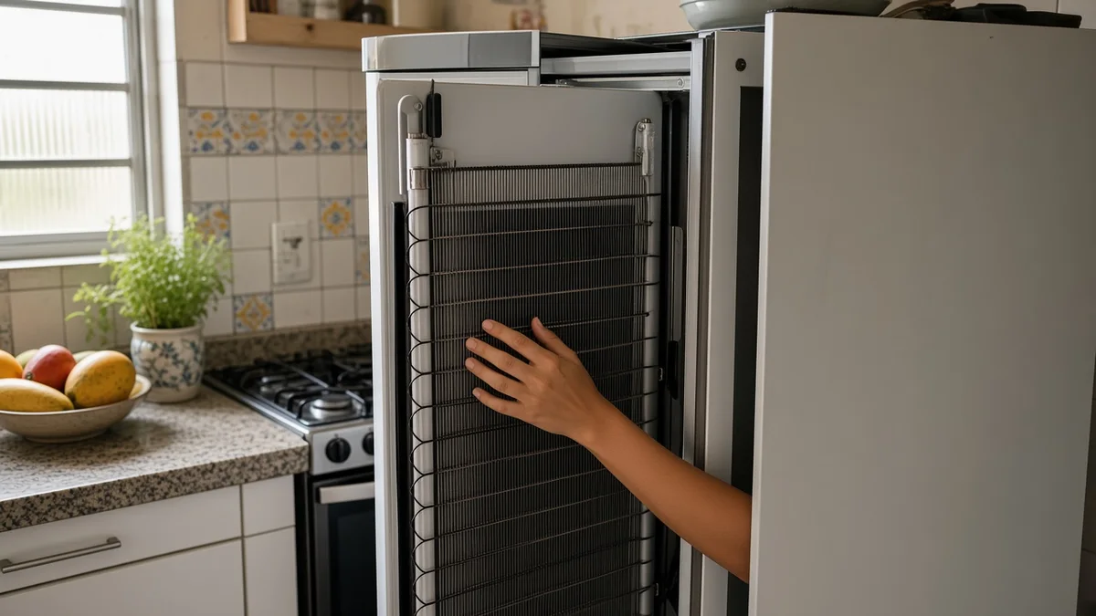 Morador aproxima a mão da grade traseira da geladeira para avaliar o aquecimento após dez minutos de funcionamento, sem tocar nas tubulações.
