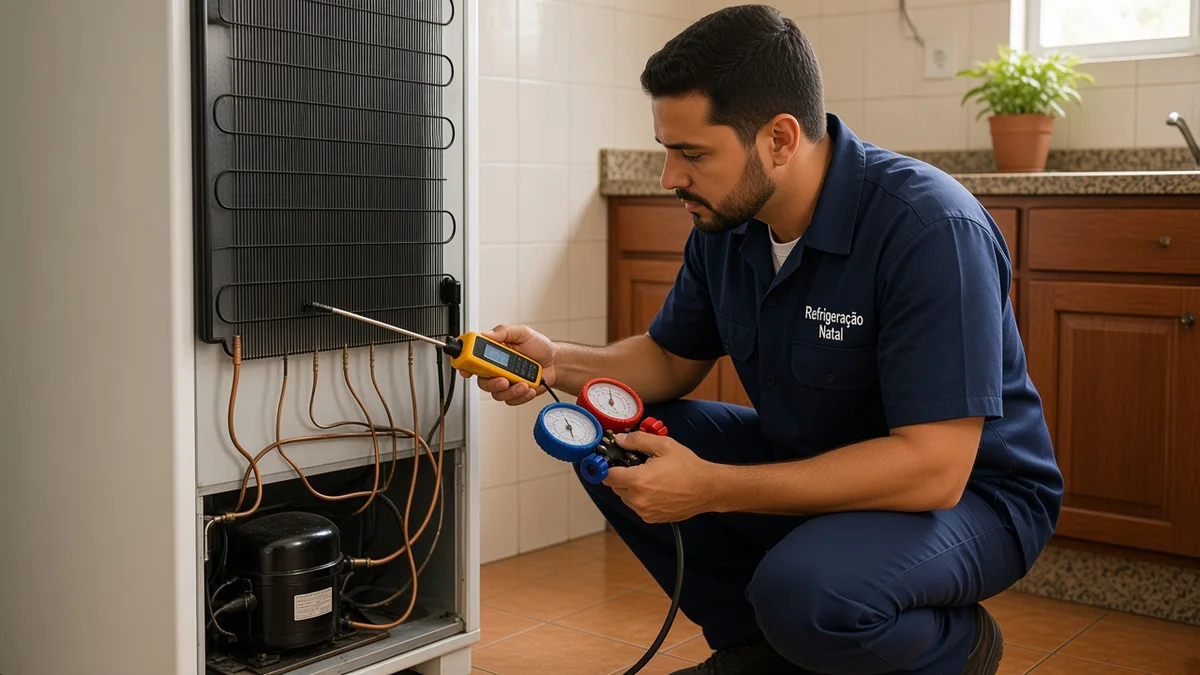 Técnico da Refrigeração Natal mede o circuito e procura vazamentos na tubulação traseira de uma geladeira em cozinha residencial brasileira de Natal.