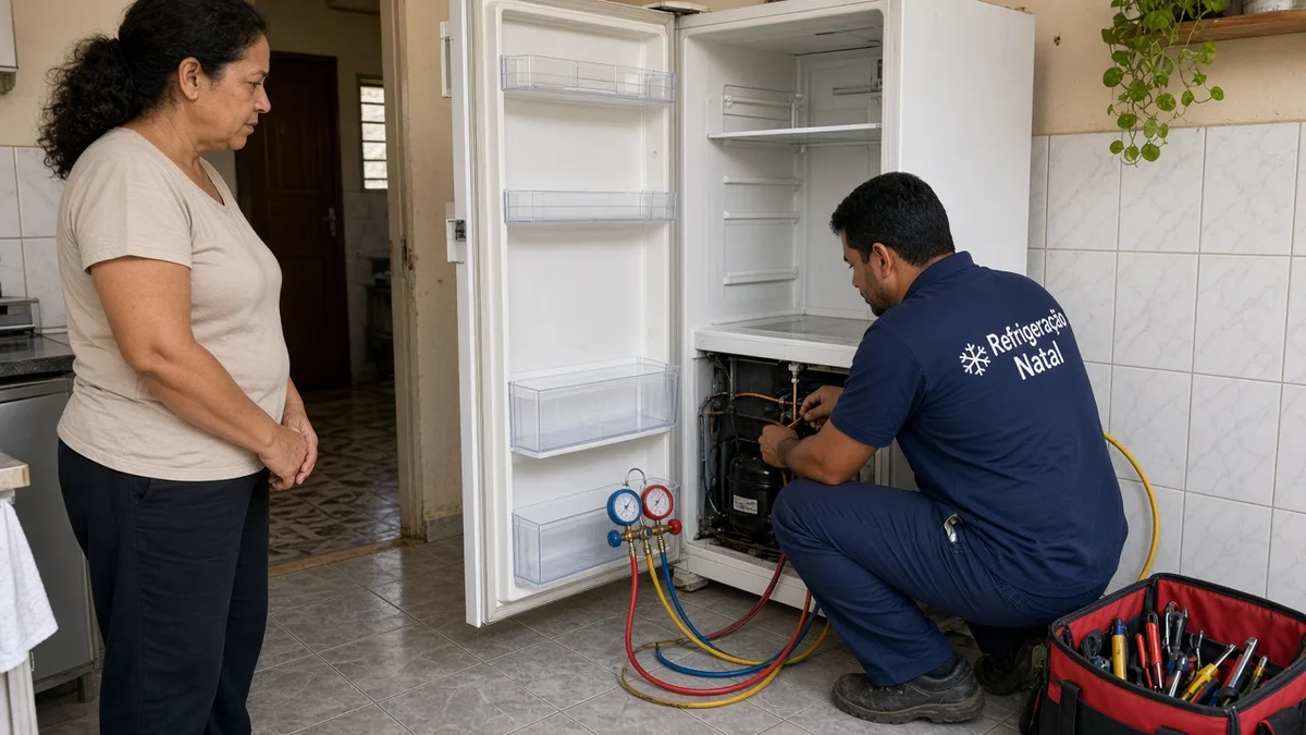 Close de é hora de chamar um técnico especializado: mãos ou técnico em residência brasileira, ferramentas e materiais de refrigeração visíveis, sem texto.