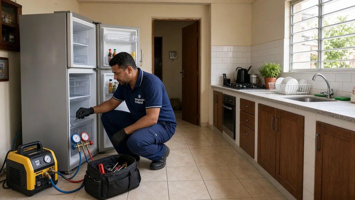 Técnico em uniforme de serviço atende verificações iniciais em cozinha residencial brasileira, ferramentas e equipamento à vista, luz natural de janela.