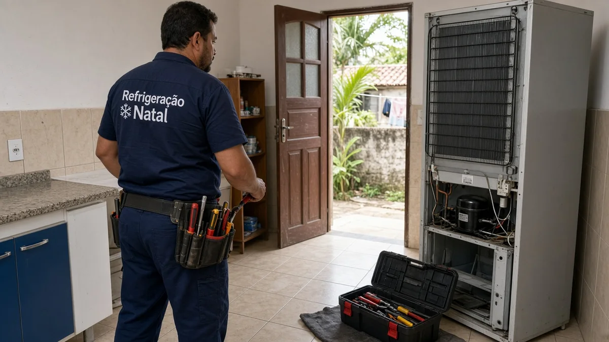 Técnico Refrigeração Natal: tecnico inspeciona parte traseira da geladeira com ferramentas, em cozinha residencial brasileira com luz natural realista.