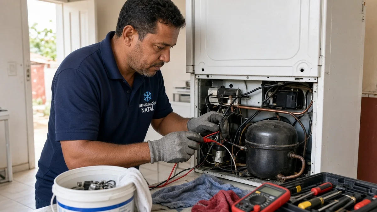 Tecnico testa compressor e cabos na parte traseira da geladeira, em residência brasileira, com técnico Refrigeração Natal e materiais e ferramentas ao lado.