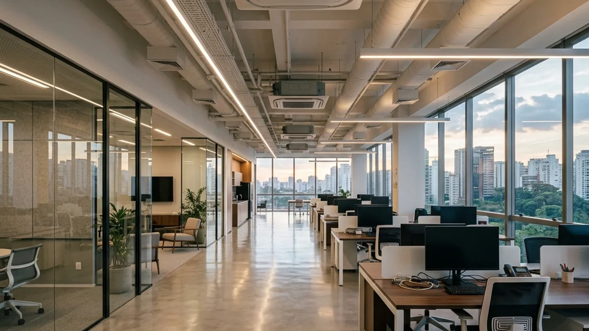 Escritórios e comércios. Interior de um amplo ambiente comercial e corporativo moderno no Brasil, destacando o escritório elegante e ar-condicionado ideal para o conforto das equipes