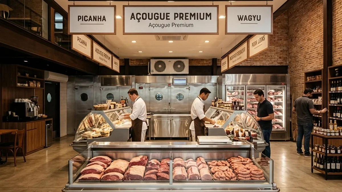 Açougues. Interior de um açougue e casa de carnes moderna no Brasil com balcões frigoríficos, destacando o ambiente limpo e perfeitamente climatizado