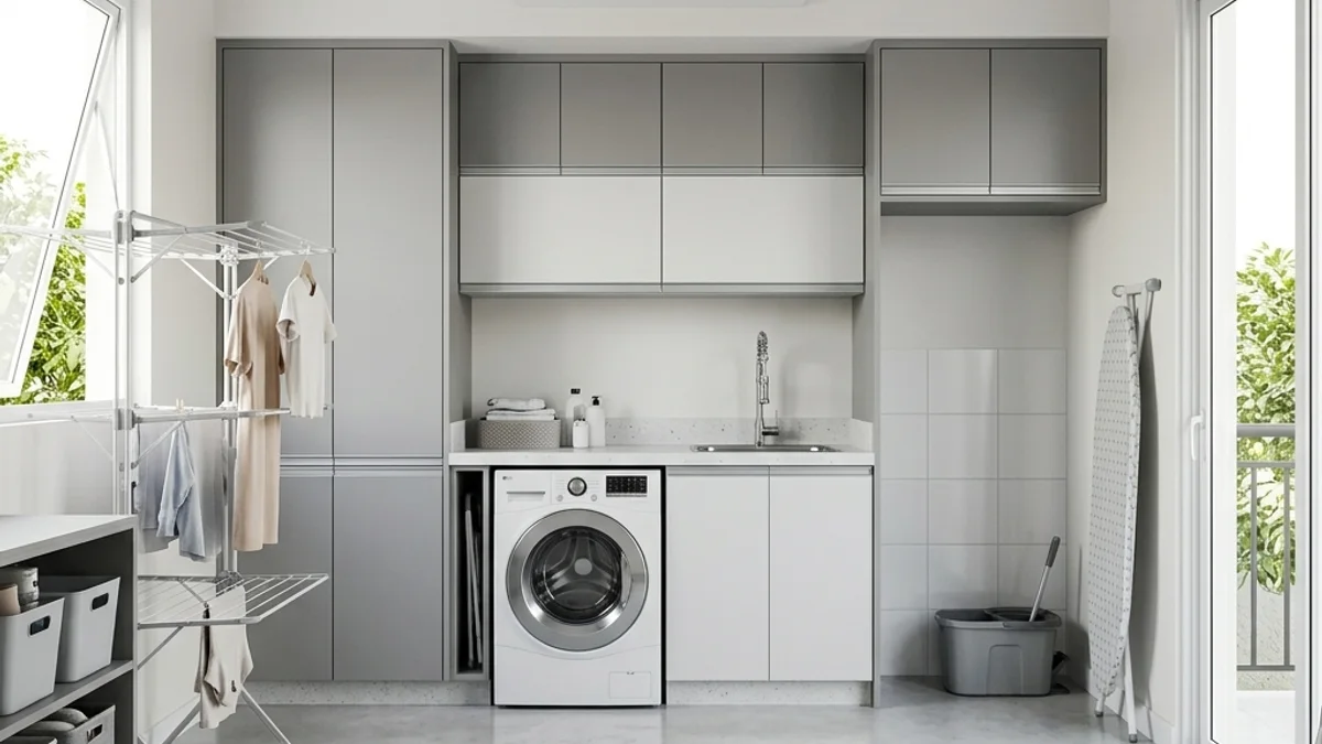Áreas de serviço. Interior de uma área de serviço residencial moderna e organizada no Brasil, com máquinas de lavar e um ambiente perfeitamente climatizado