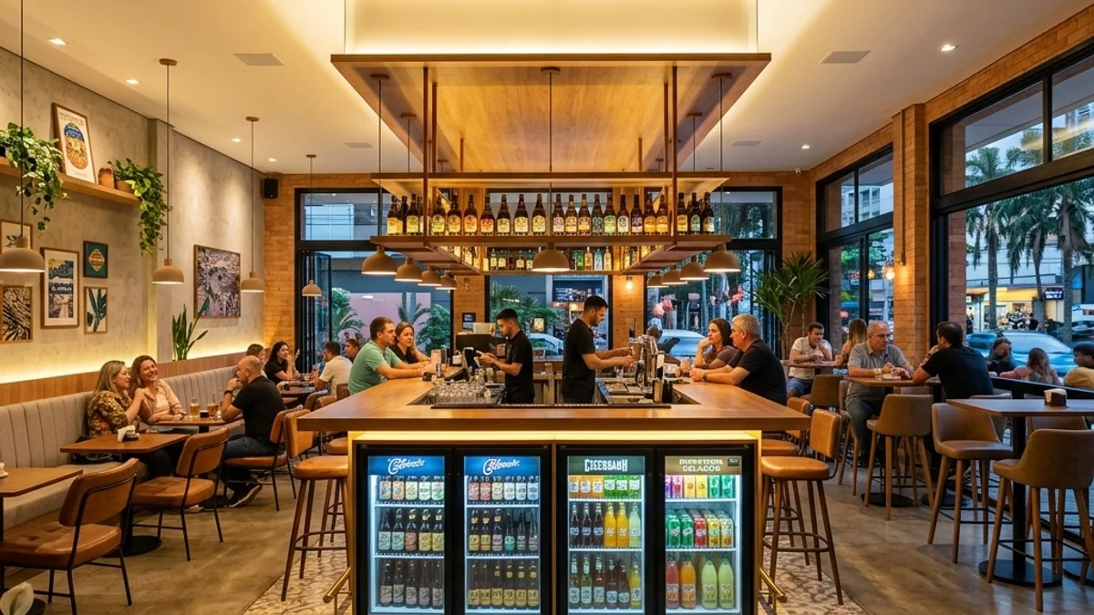 Bares. Interior de um bar moderno e elegante no Brasil, destacando um balcão bem iluminado, expositores de bebidas e um ambiente agradável e climatizado