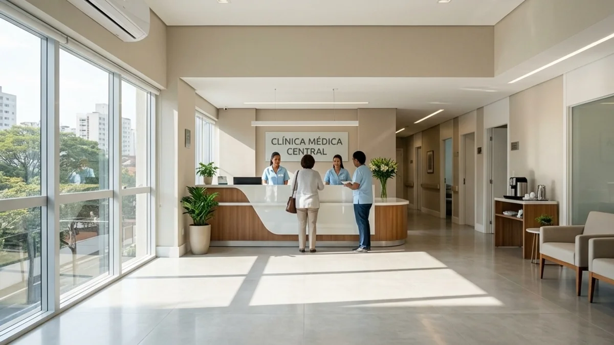 Clínicas e consultórios. Interior de uma clínica médica moderna e bem iluminada no Brasil, com ambiente limpo e totalmente climatizado para conforto dos pacientes