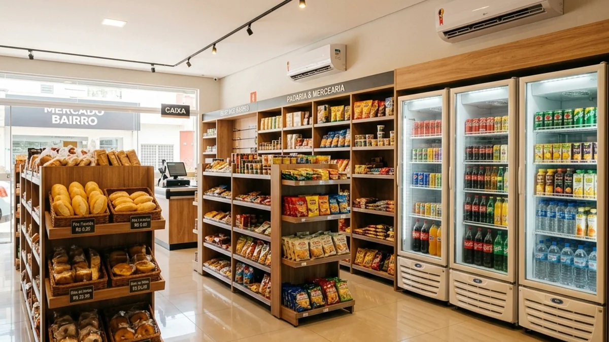 Comércios. Interior de um pequeno comércio local bem estruturado no Brasil, com prateleiras organizadas e ar-condicionado instalado para conforto térmico dos clientes