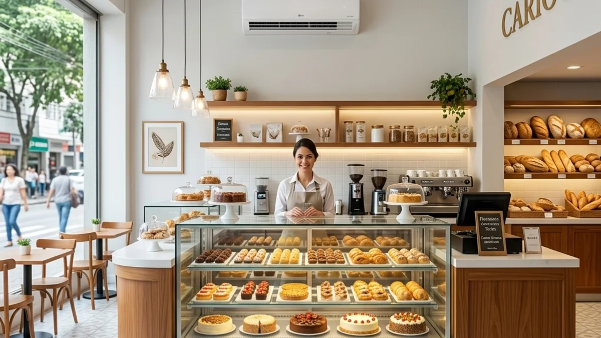 Confeitarias. Interior de uma confeitaria elegante no Brasil, com vitrines refrigeradas repletas de doces e ambiente perfeitamente climatizado para os clientes