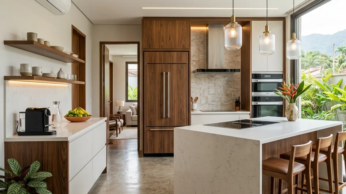 Cozinhas residenciais. Interior de cozinha residencial moderna no Brasil, com eletrodomésticos e espaço para refrigeração doméstica