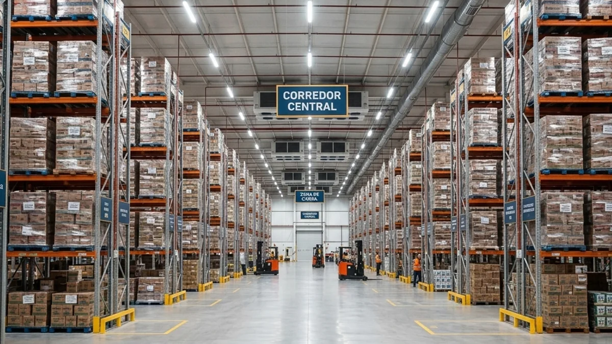 Distribuidoras. Interior de um amplo galpão de distribuidora no Brasil, mostrando prateleiras organizadas e sistema robusto de climatização industrial