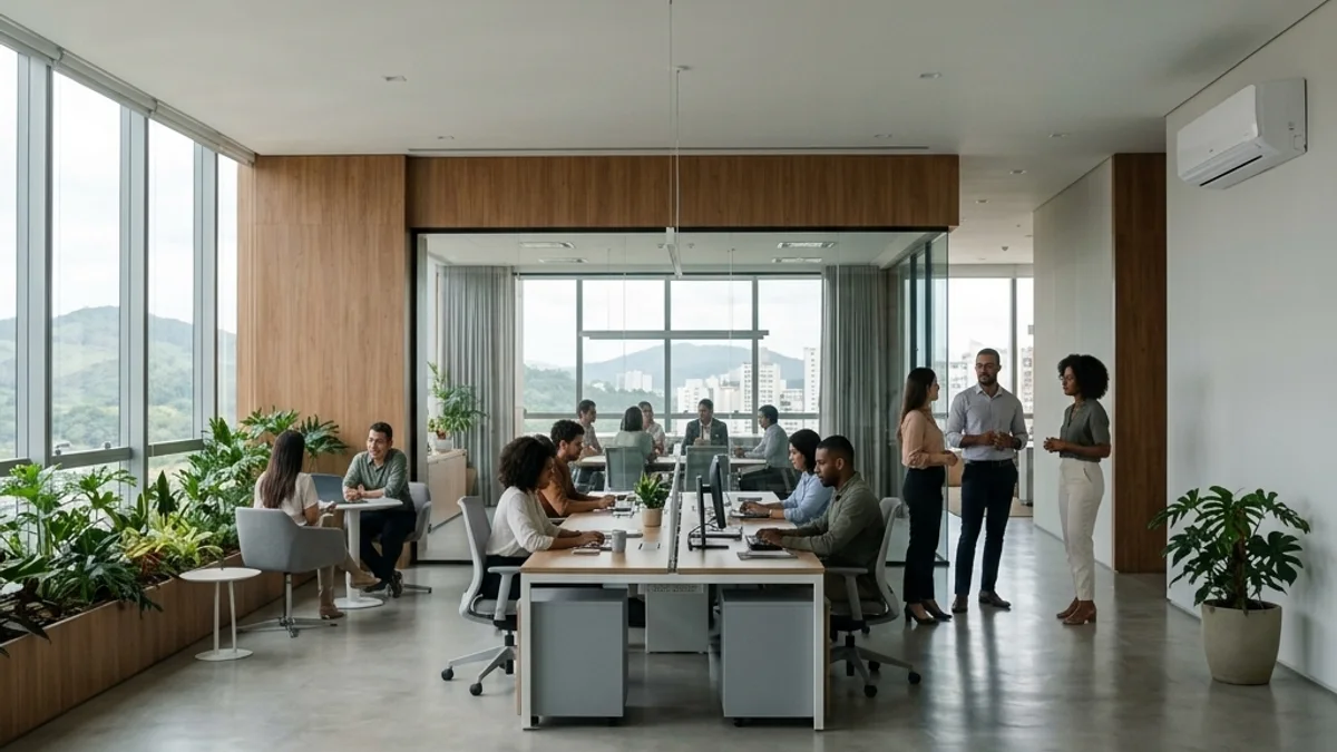 Empresas e escritórios. Interior de uma empresa corporativa moderna no Brasil, com amplo espaço de trabalho bem iluminado e ambiente climatizado garantindo produtividade