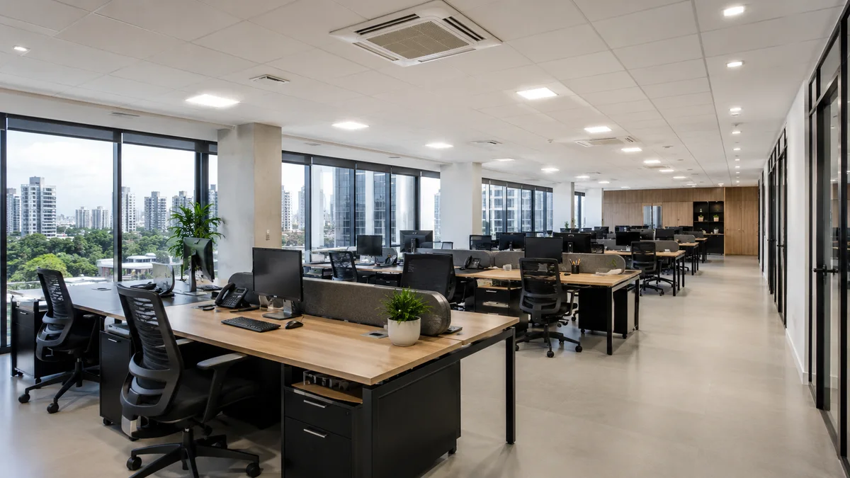 Escritórios. Interior de um escritório comercial moderno no Brasil, espaçoso e bem iluminado, mostrando mesas de trabalho e ar-condicionado discreto