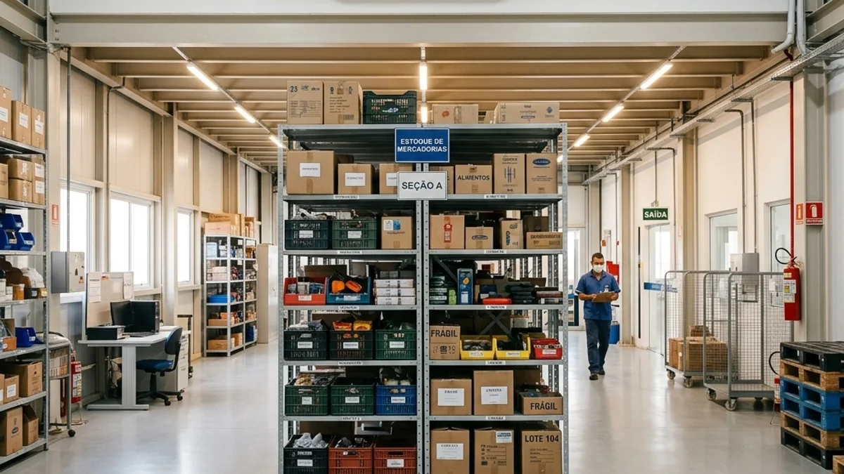 Operações com estoque. Interior de um estoque comercial organizado no Brasil, mostrando prateleiras repletas de mercadorias e um ambiente adequadamente climatizado