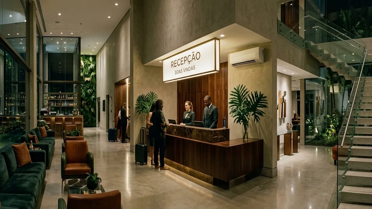 Hotéis e hospedagens. Lobby elegante de um hotel moderno no Brasil, com amplo espaço de recepção bem iluminado e ambiente climatizado garantindo conforto aos hóspedes