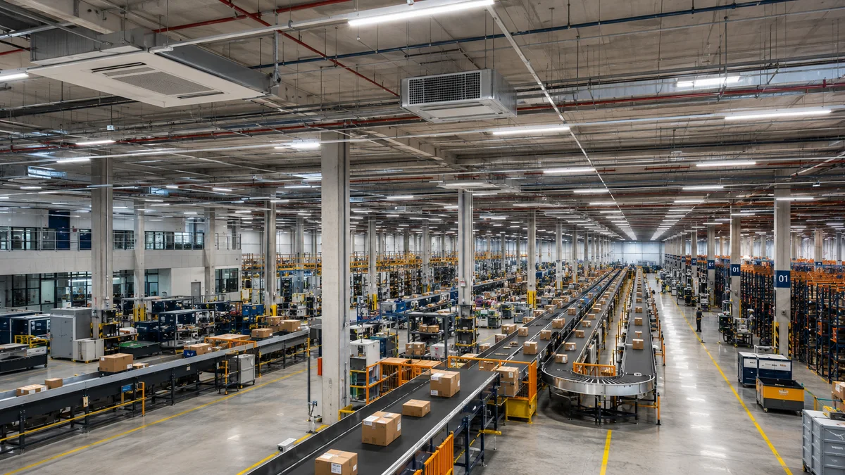 Logística e estoque. Interior de um moderno centro de logística no Brasil, mostrando esteiras, pacotes organizados e um sistema de climatização industrial no teto