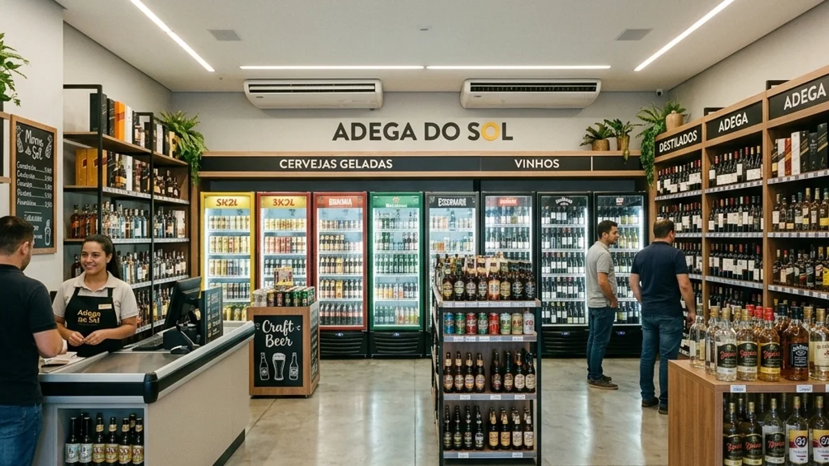 Lojas de bebidas. Interior de uma loja de bebidas moderna no Brasil, com paredes repletas de expositores refrigerados e um ambiente limpo e totalmente climatizado