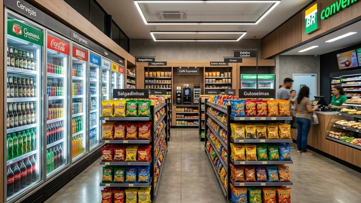 Conveniências. Interior de uma loja de conveniência moderna no Brasil, com prateleiras organizadas, parede de expositores de bebidas e ambiente climatizado
