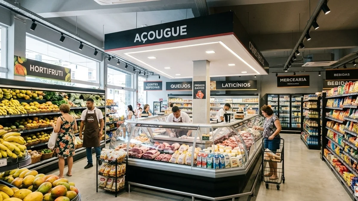 Mercadinhos. Interior de um mercado moderno no Brasil, destacando corredores de produtos frescos, balcões refrigerados e um ambiente totalmente climatizado