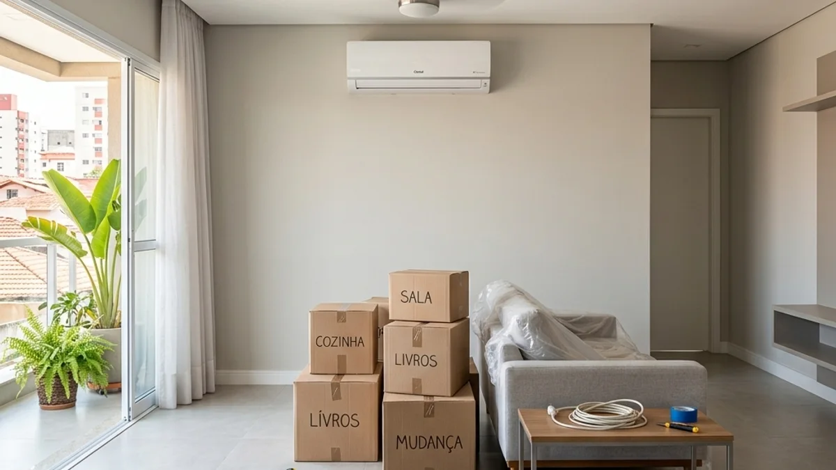 Mudanças e reformas. Ambiente de mudança residencial no Brasil, com eletrodomésticos preparados para instalação ou realocação
