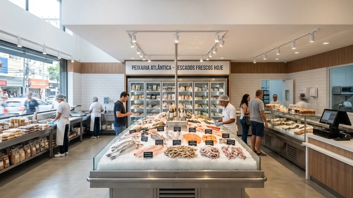 Peixarias. Interior de uma peixaria moderna no Brasil com balcões frigoríficos iluminados, destacando a higiene e o ambiente perfeitamente climatizado