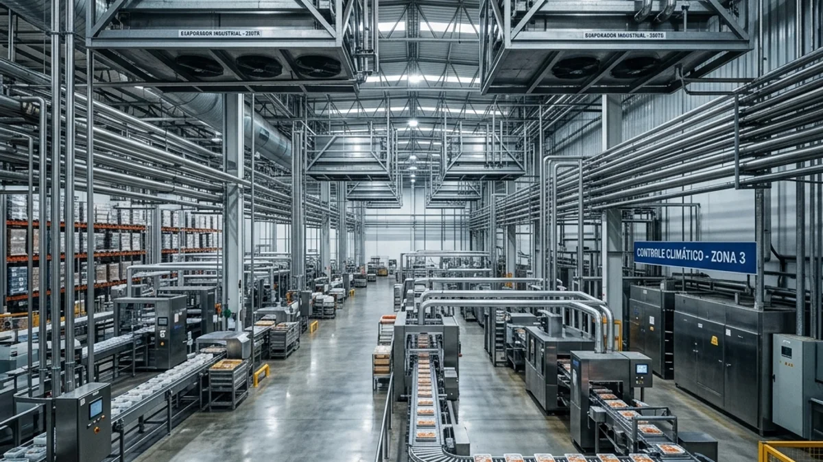 Indústrias. Instalação de climatização e refrigeração em ambiente industrial no Brasil, mantendo controle térmico rigoroso e alta capacidade operacional