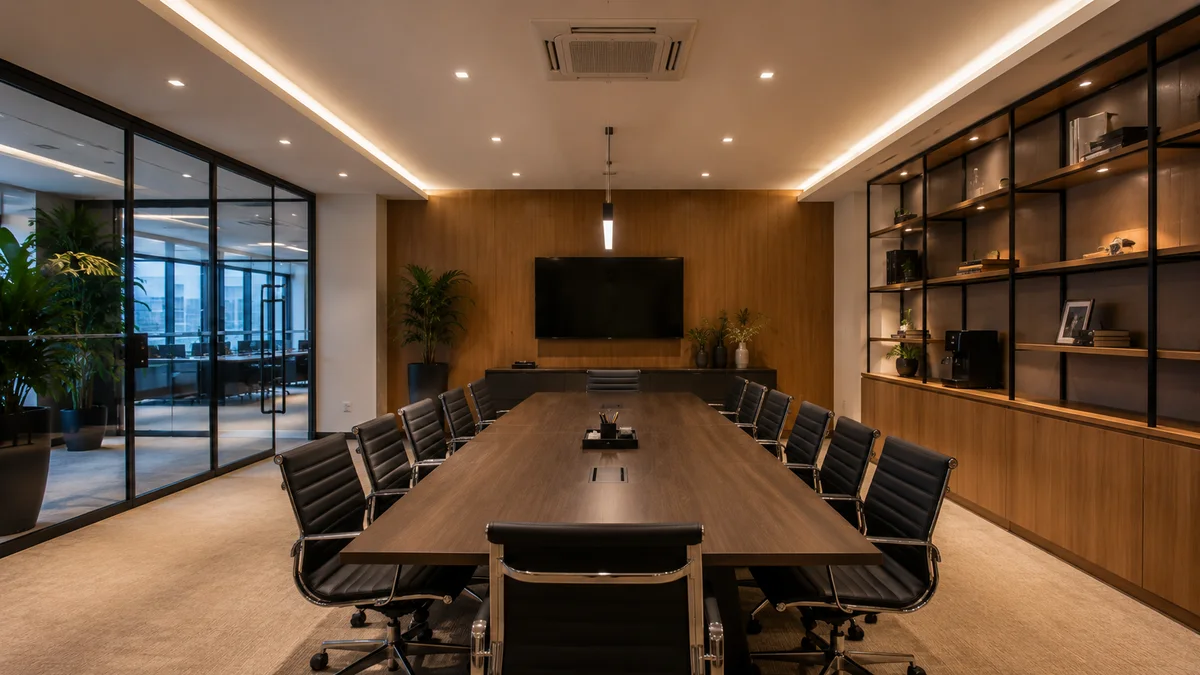 Salas e quartos. Interior de uma sala comercial e de reuniões moderna no Brasil, destacando o ambiente confortável, bem iluminado e perfeitamente climatizado