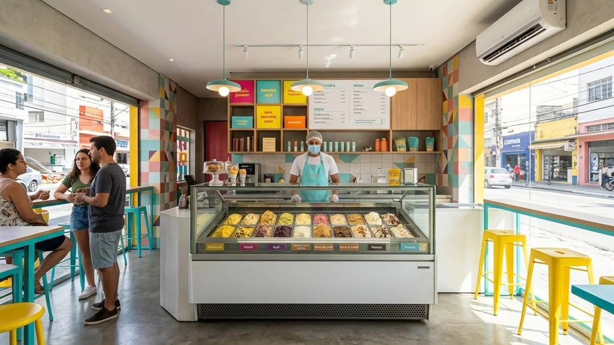 Sorveterias. Interior de uma sorveteria moderna e colorida no Brasil, destacando os balcões de sorvete e o ambiente fresco e climatizado para os clientes