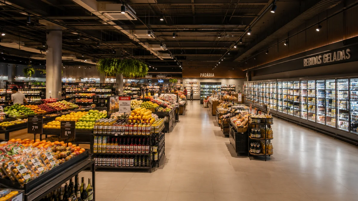 Supermercados. Interior de um grande supermercado moderno no Brasil, com corredores amplos, gôndolas cheias e ambiente totalmente climatizado para clientes