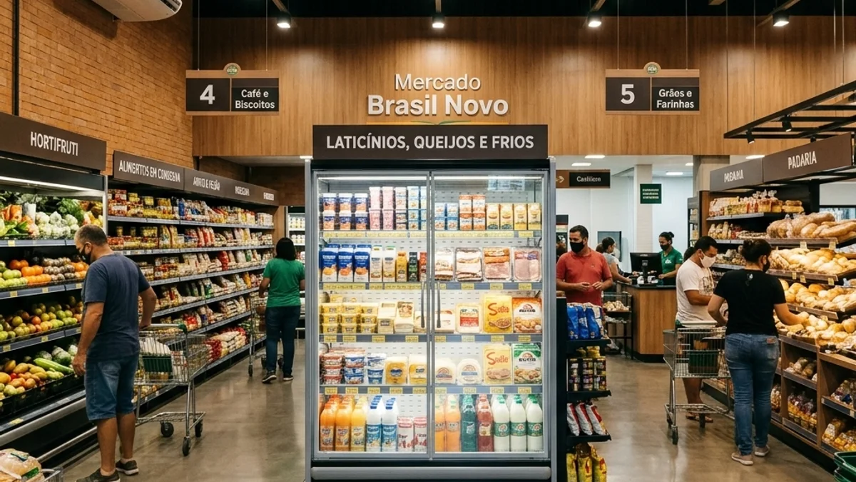 Varejo alimentício. Interior de uma loja de varejo alimentício moderna no Brasil, com corredores organizados, seções refrigeradas e ambiente totalmente climatizado